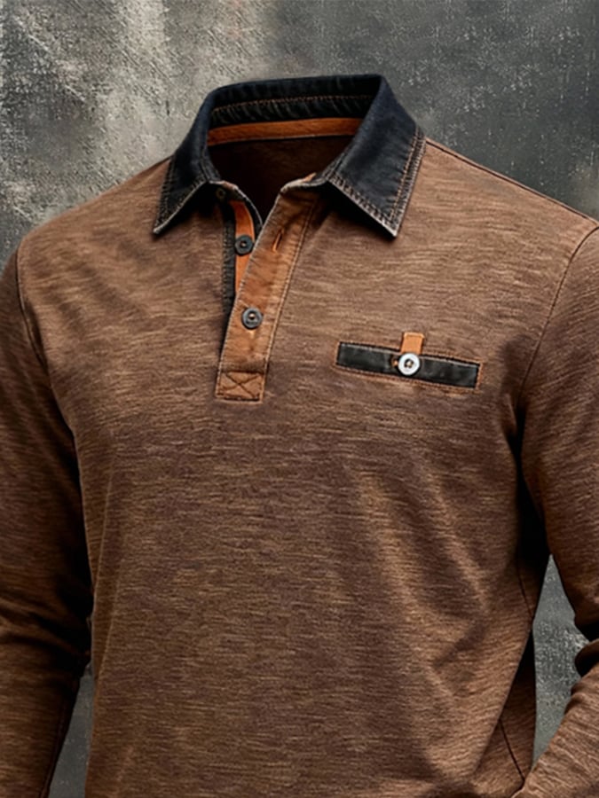 Camisa polo vintage-Style Color-Block Patchpara trabajo de manga larga para hombre