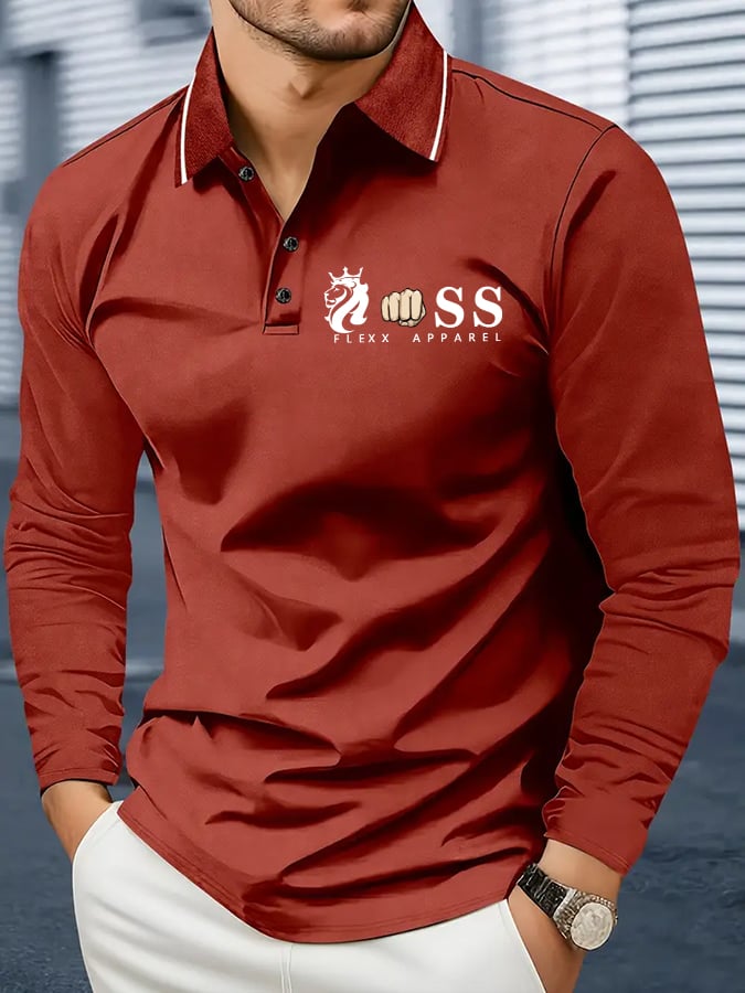 Camisa polo retro Letter Design ejecutivo de manga larga para hombre