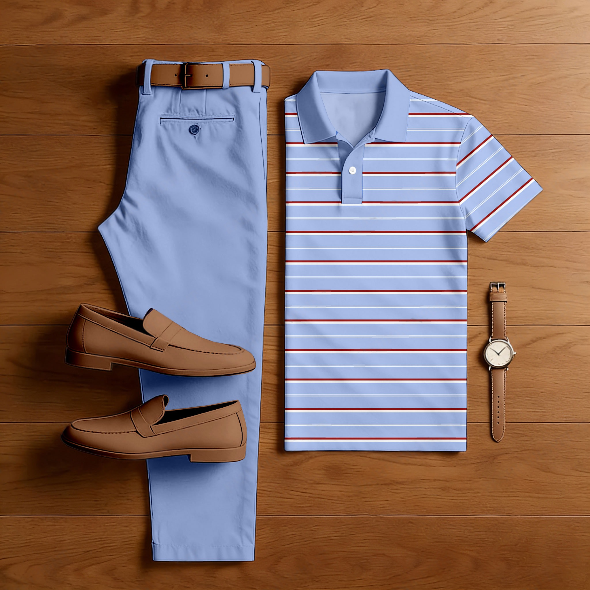 Conjunto de dos piezas casual Purple Color Matching a rayas estampado de manga corta camisa polo & Trousers para hombre