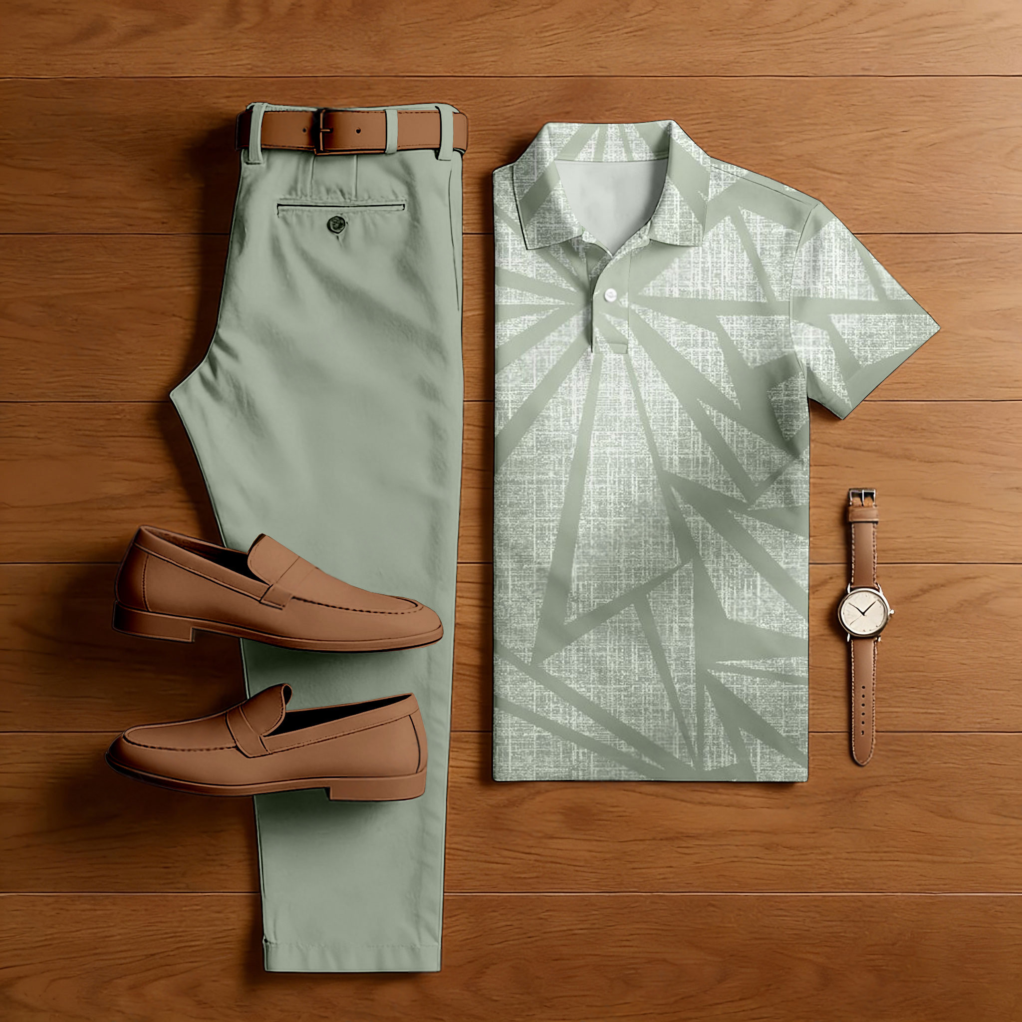 Conjunto de dos piezas casual Light Green Color Matching Geometric estampado de manga corta camisa polo & Trousers para hombre