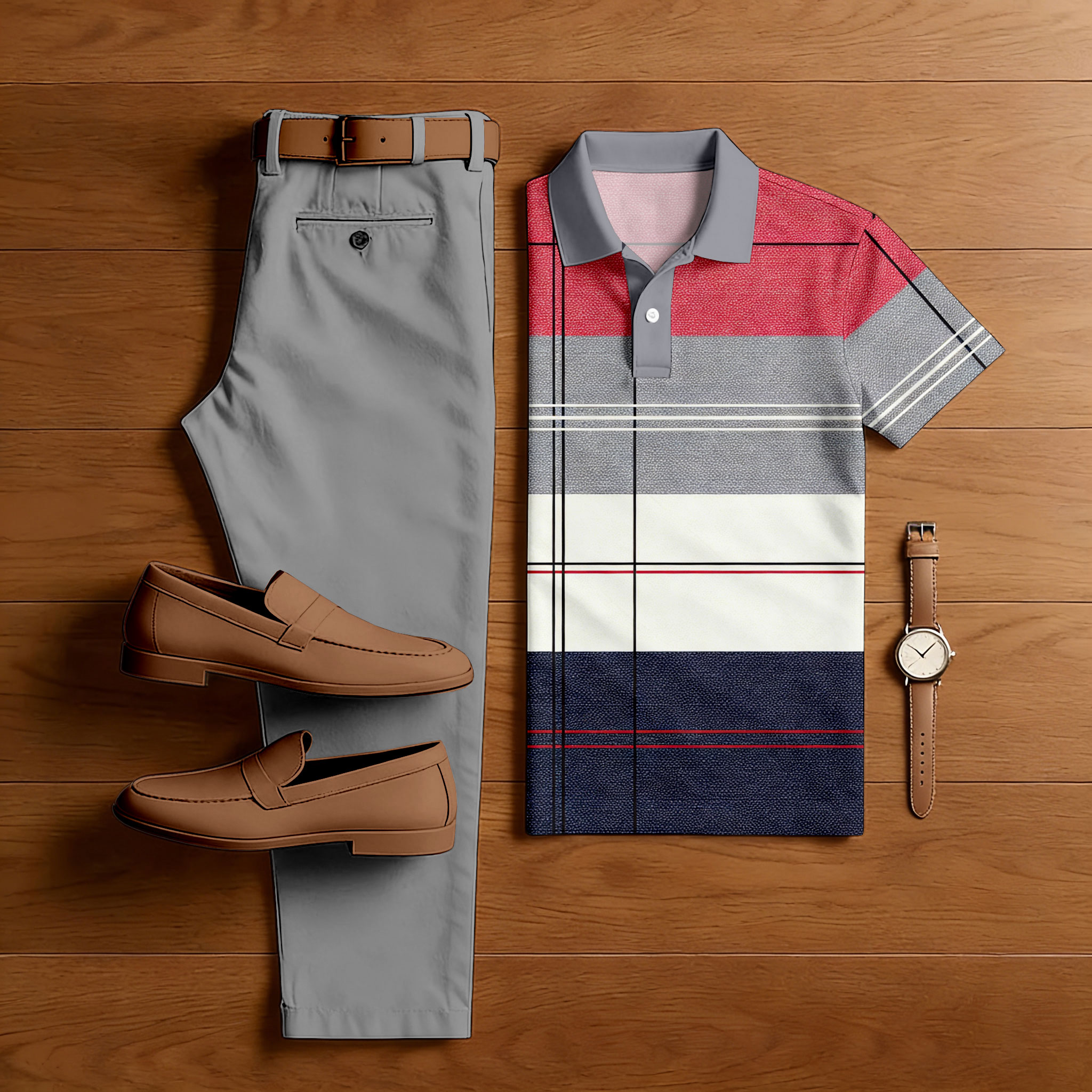 Conjunto de dos piezas casual Gray Color Matching Checkered estampado de manga corta camisa polo & Trousers para hombre