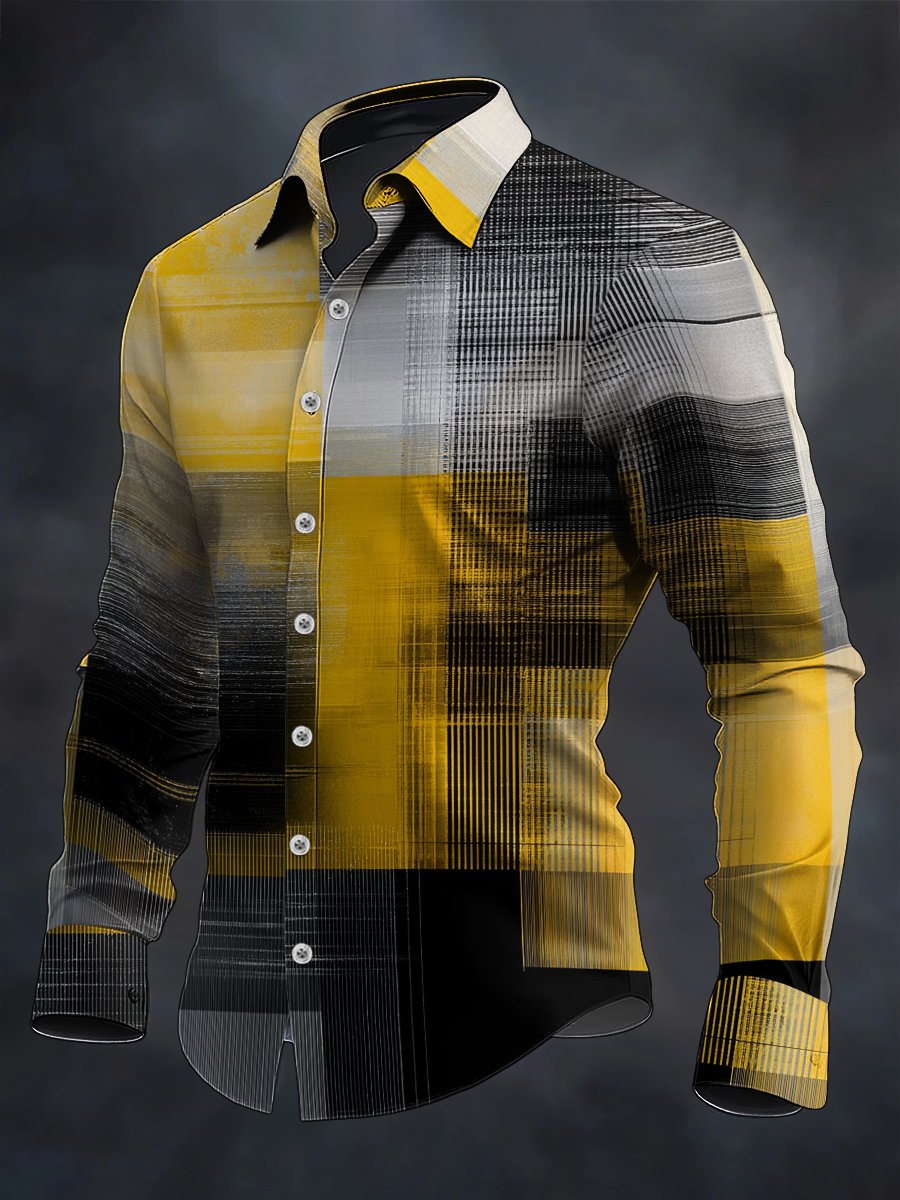 Camisa retro casual geométrico Art de manga larga para hombre
