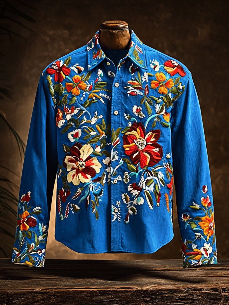 Camisa retro casual Western Ethnic estampado de manga larga para hombre