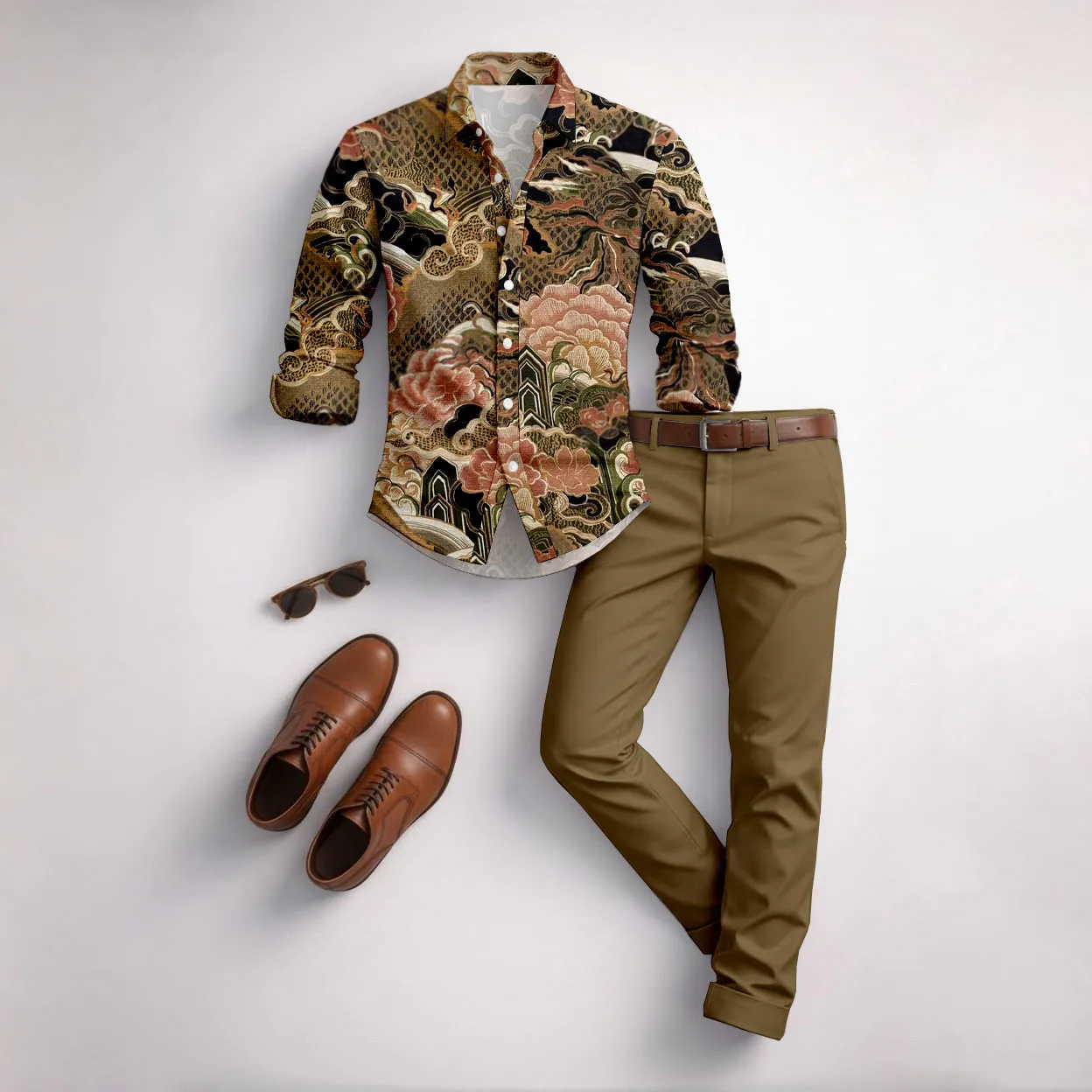 Conjunto de dos piezas casual Brown Color Matching Geometric estampado de manga larga camisa & Trousers para hombre
