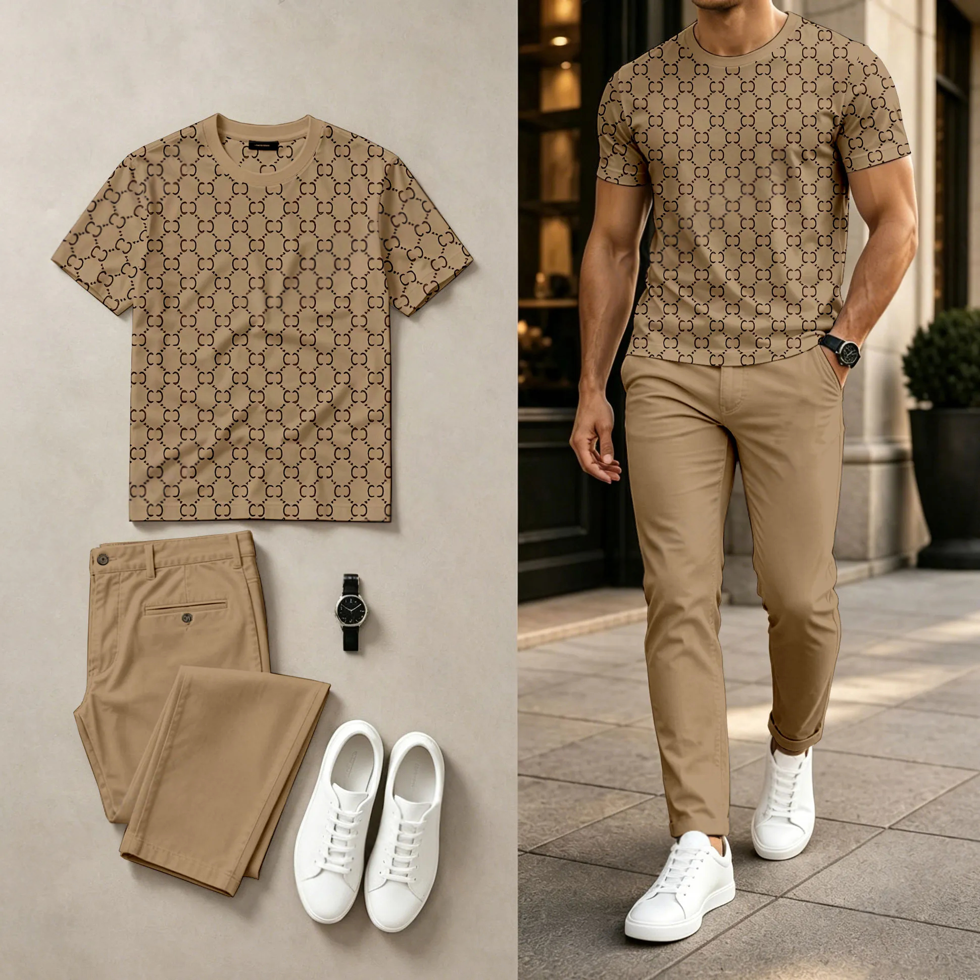 Conjunto de dos piezas casual All-Over estampado Round-Neck de manga corta Top And pantalón para hombre
