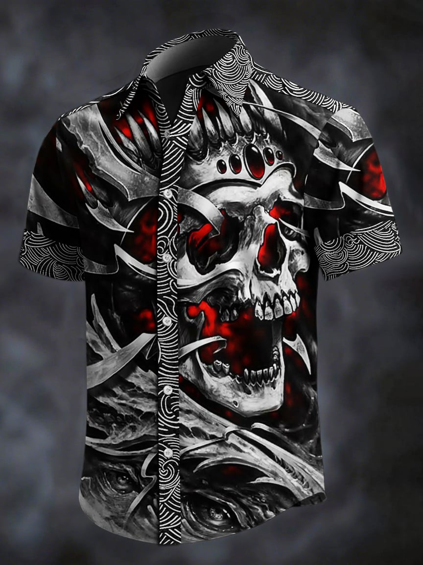 Camisa retro Skull estampado solapa de manga corta para hombre