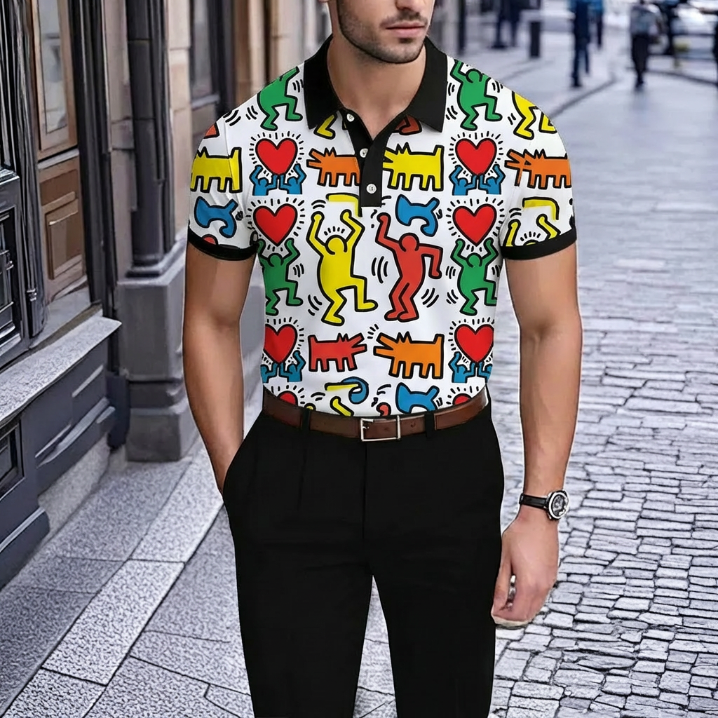 Camisa polo retro White Fun Graffiti estampado de manga corta para hombre