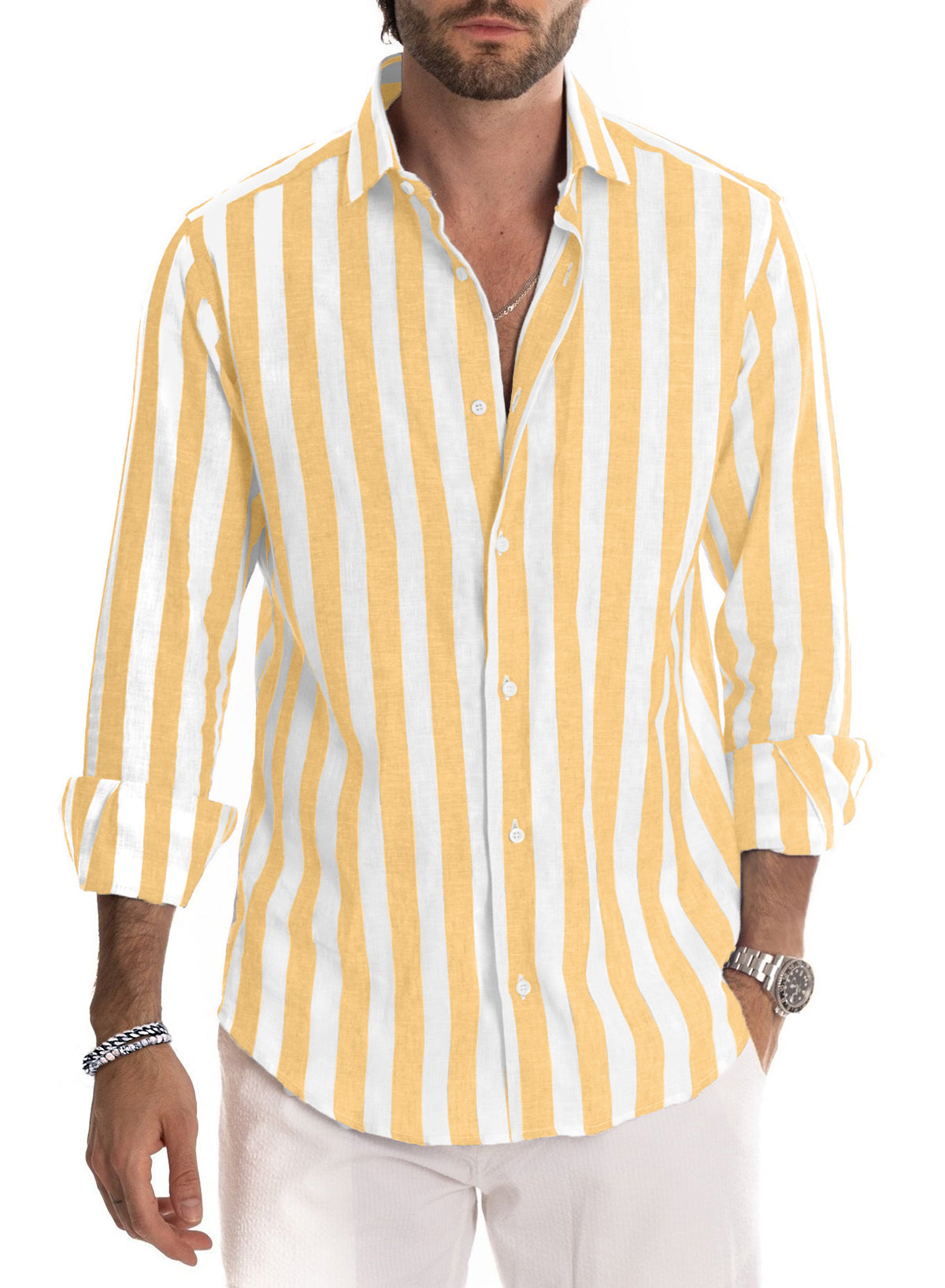 Camisa de vestir JMIERR de lino camisas casual de manga larga con botones a rayas para hombre