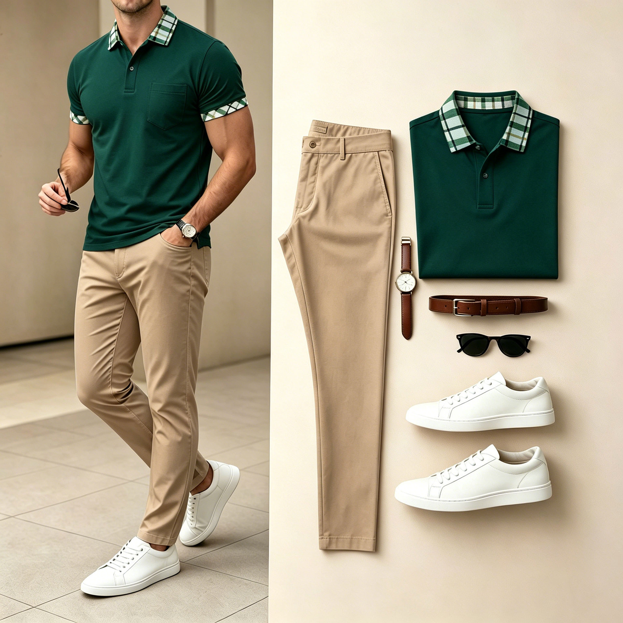Conjunto de dos piezas Dark Green & Khaki Color Matching Geometric estampado de manga cortas camisa polo & pantalón para hombre