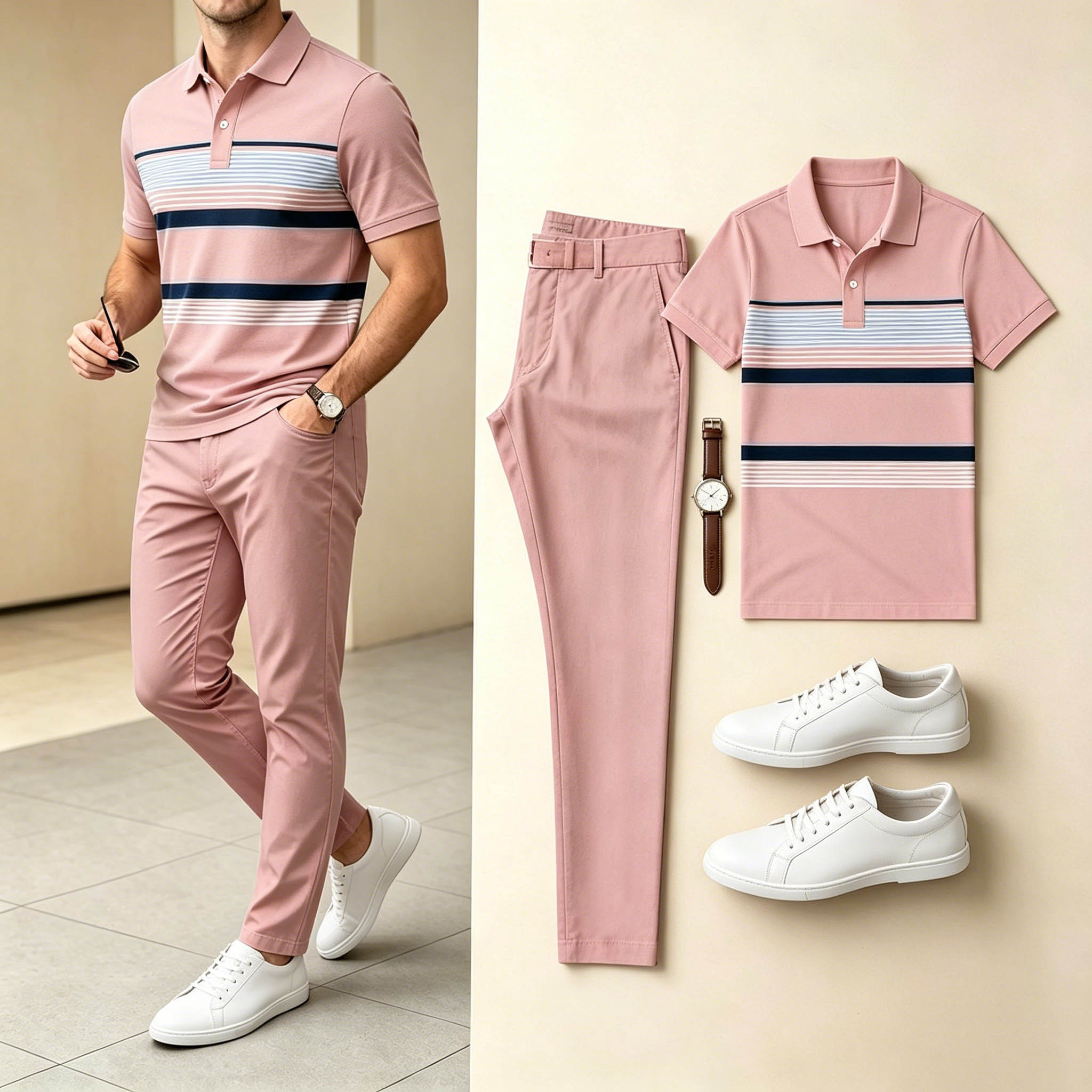Conjunto de dos piezas casual Multi Thin Horizontal rayas en bloques de color camisa polo And pantalón para hombre