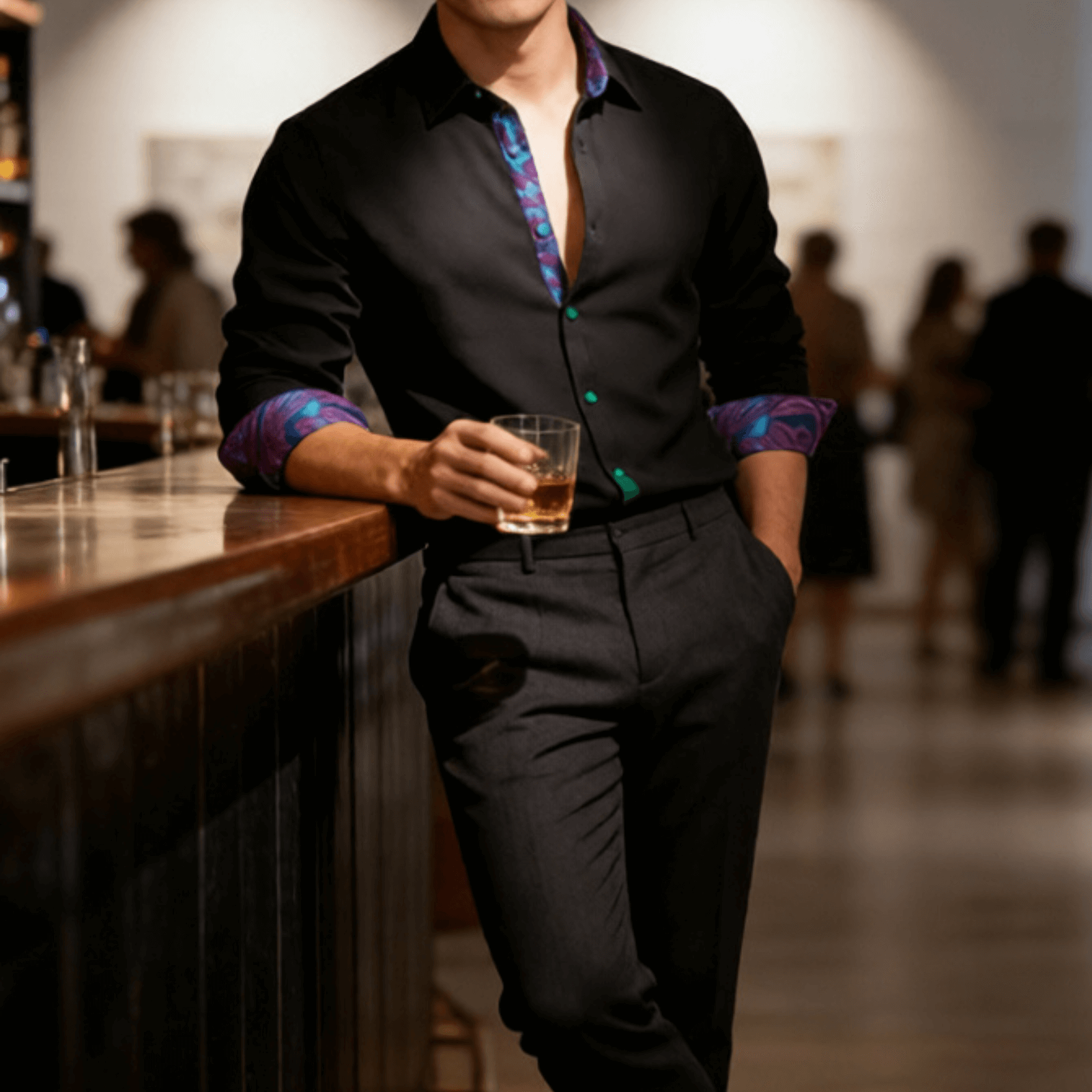 Camisa Black Splicing Mens seda de manga larga con botones ejecutivo camisa