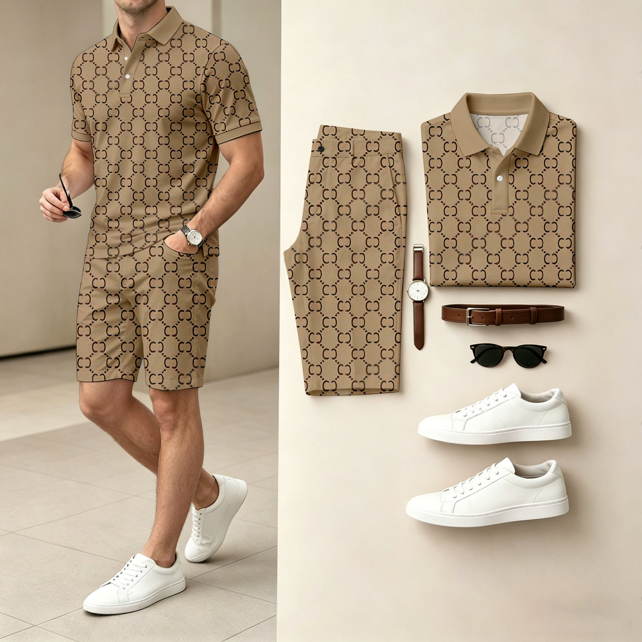 Conjunto de dos piezas casual Geometric Color camisa polo & shorts para hombre