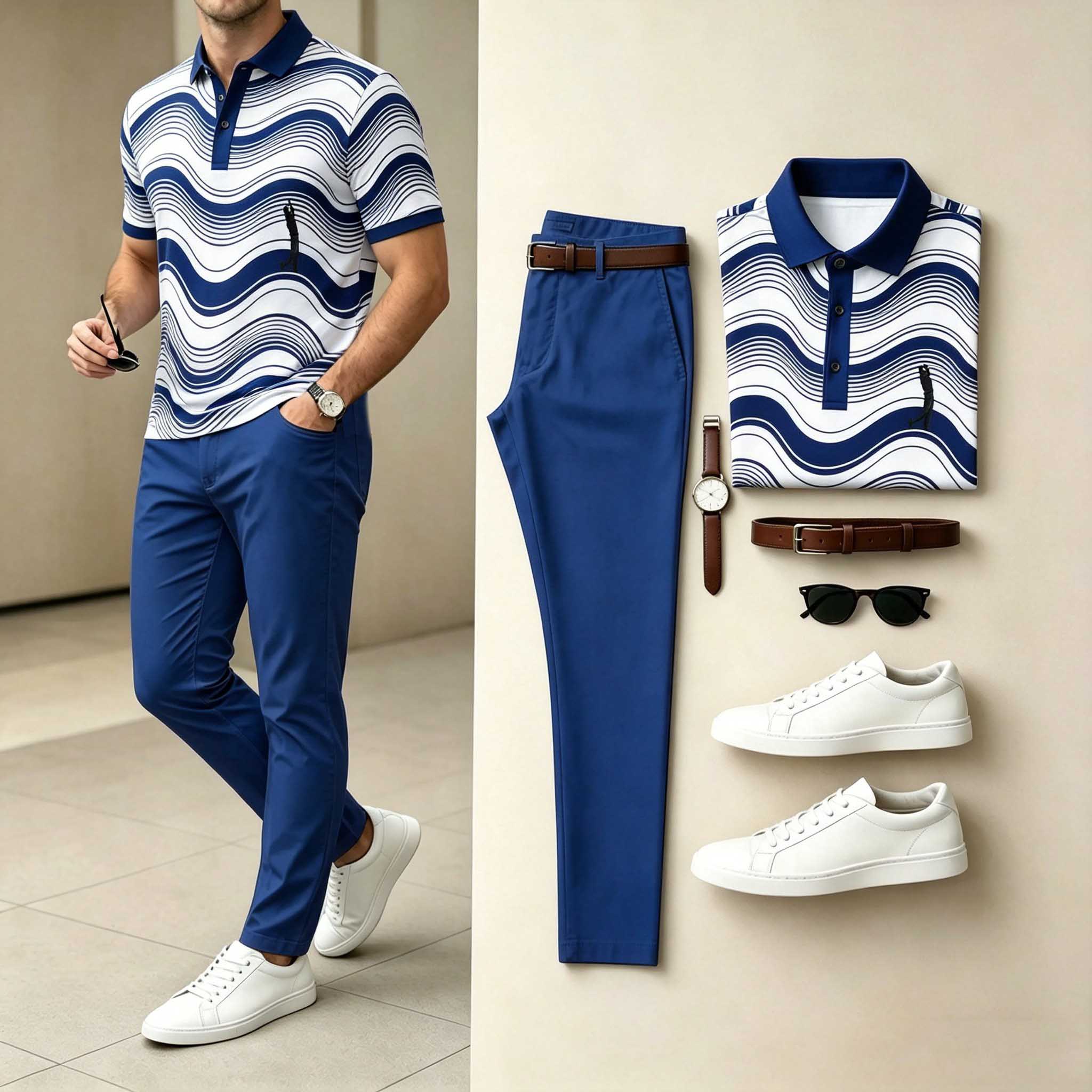 Conjunto de dos piezas casual Navy Wave estampado camisa polo & pantalón para hombre