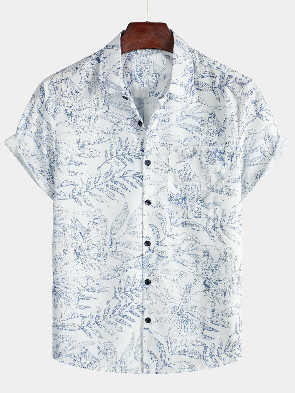 Camisa Summer retro floral estampado Pocket floral de manga corta Button Up White Hawaiian para hombre