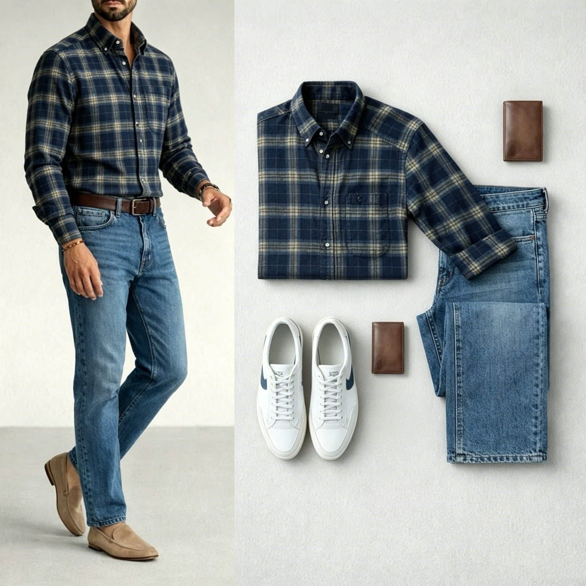 Conjunto de dos piezas Navy Blue Color Matching retro Style a cuadros estampado Lapel Collar de manga largas camisa & Jeans para hombre