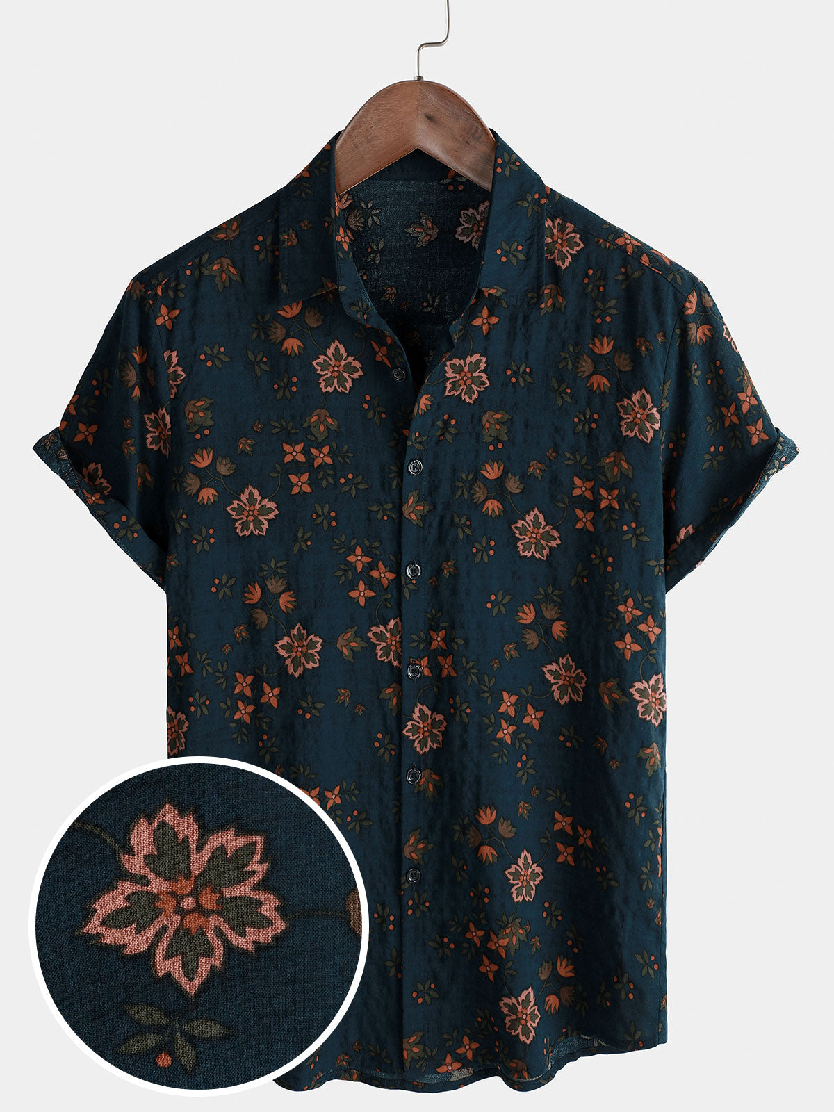 Camisa Summer floral Navy Blue Button Up de manga corta de algodón para hombre