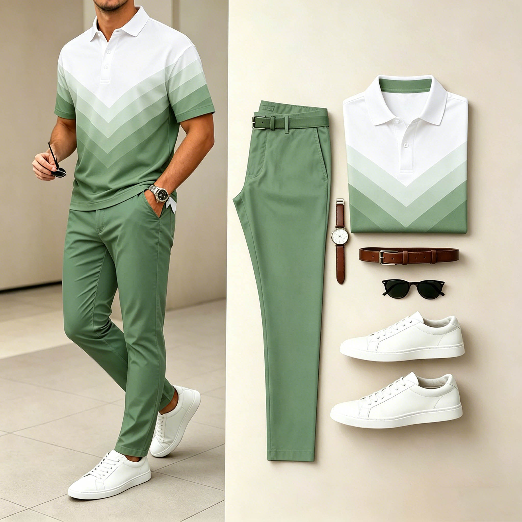 Conjunto de dos piezas casual Sage Green Chevron Gradient estampado camisa polo & Sage Green pantalón para hombre