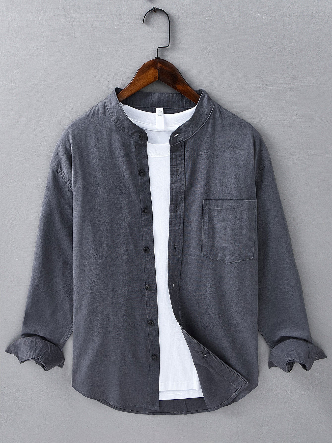 Camisa de manga larga de lino de algodón Stand Collar With Pocket