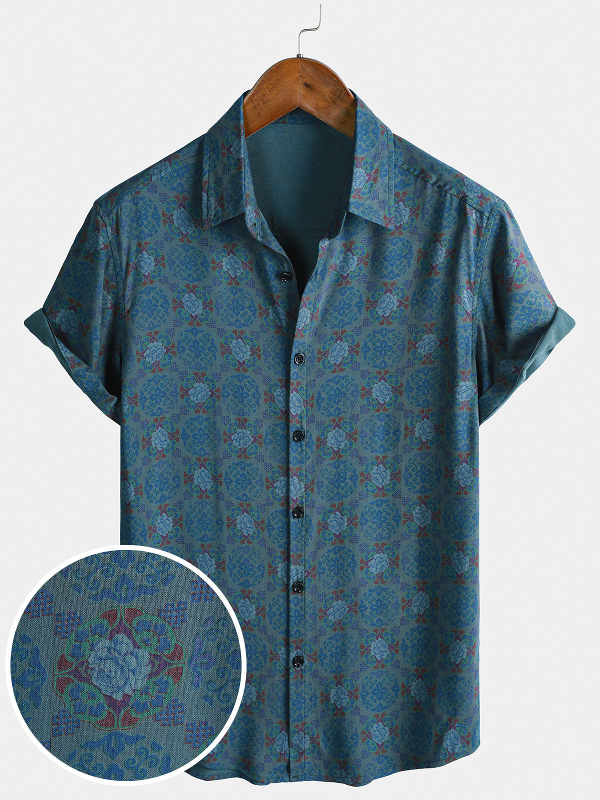 Camisa retro Bohemian casual de manga corta para hombre