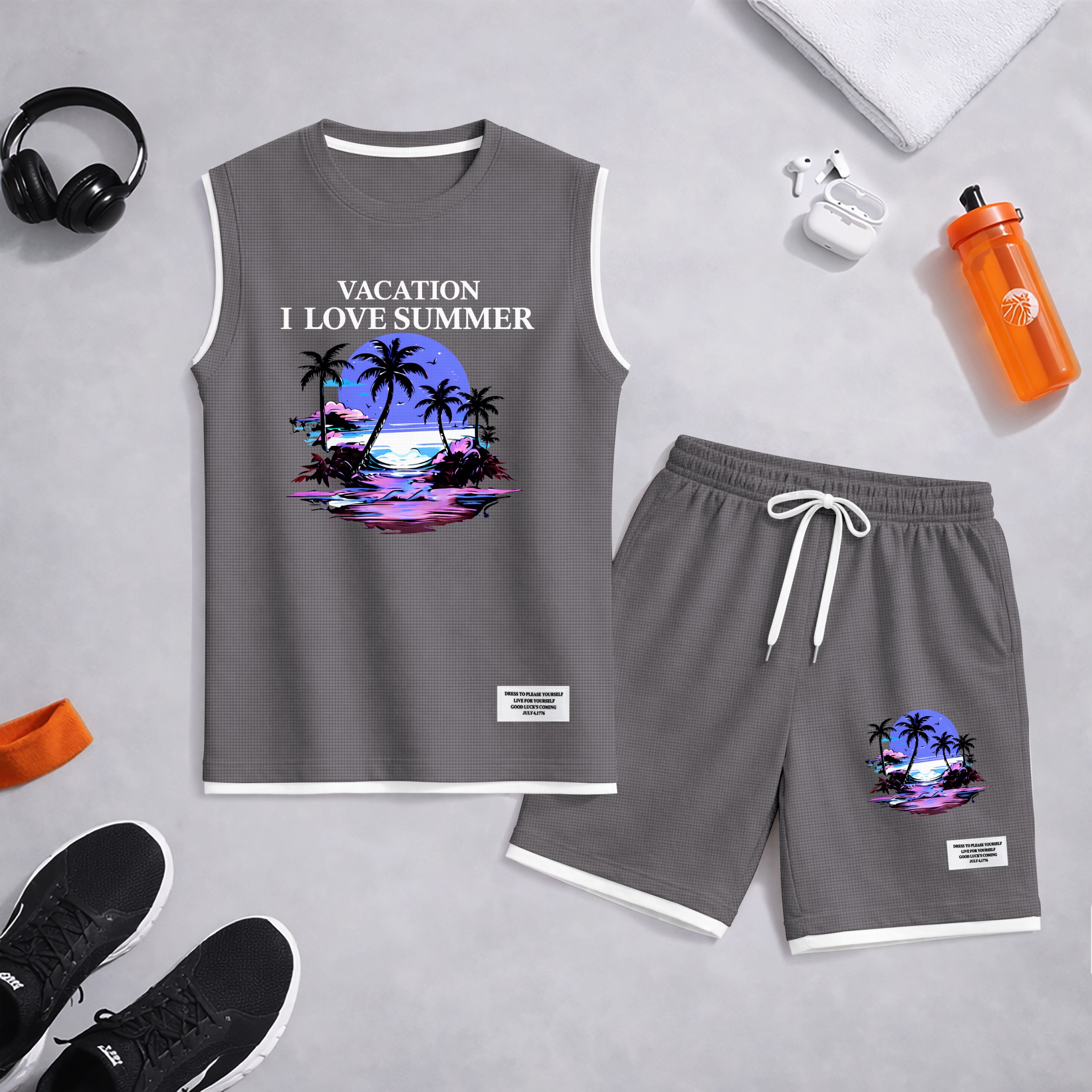 Shorts Tropical Beach Graphic estampado Summer Set Sleeveless Tank Top & Matching Outfit, Vacation Island estampado Lightweight casual Streetwear Set for Everyday & Holiday para hombre
