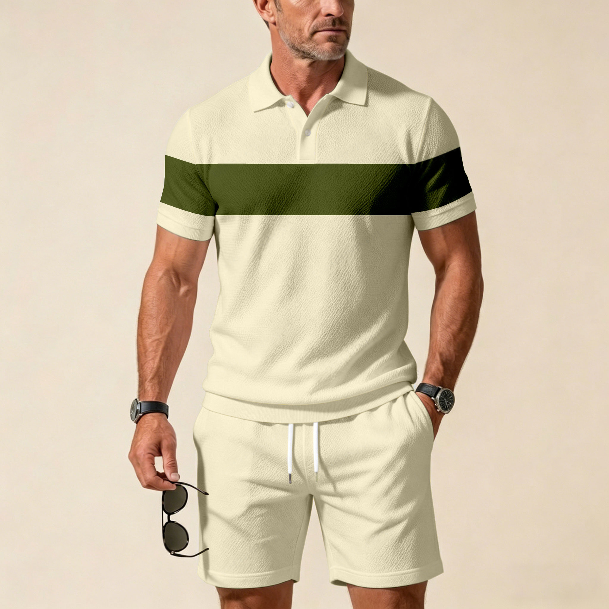 Conjunto de dos piezas casual Off-White Geometric Color Matching estampado de manga corta Zipper camisa polo & shorts para hombre