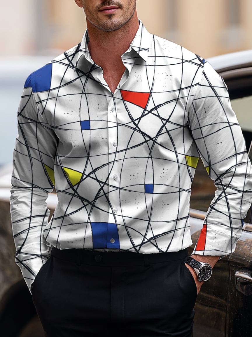Camisa ejecutivo casual Art Button de manga corta de manga larga para hombre