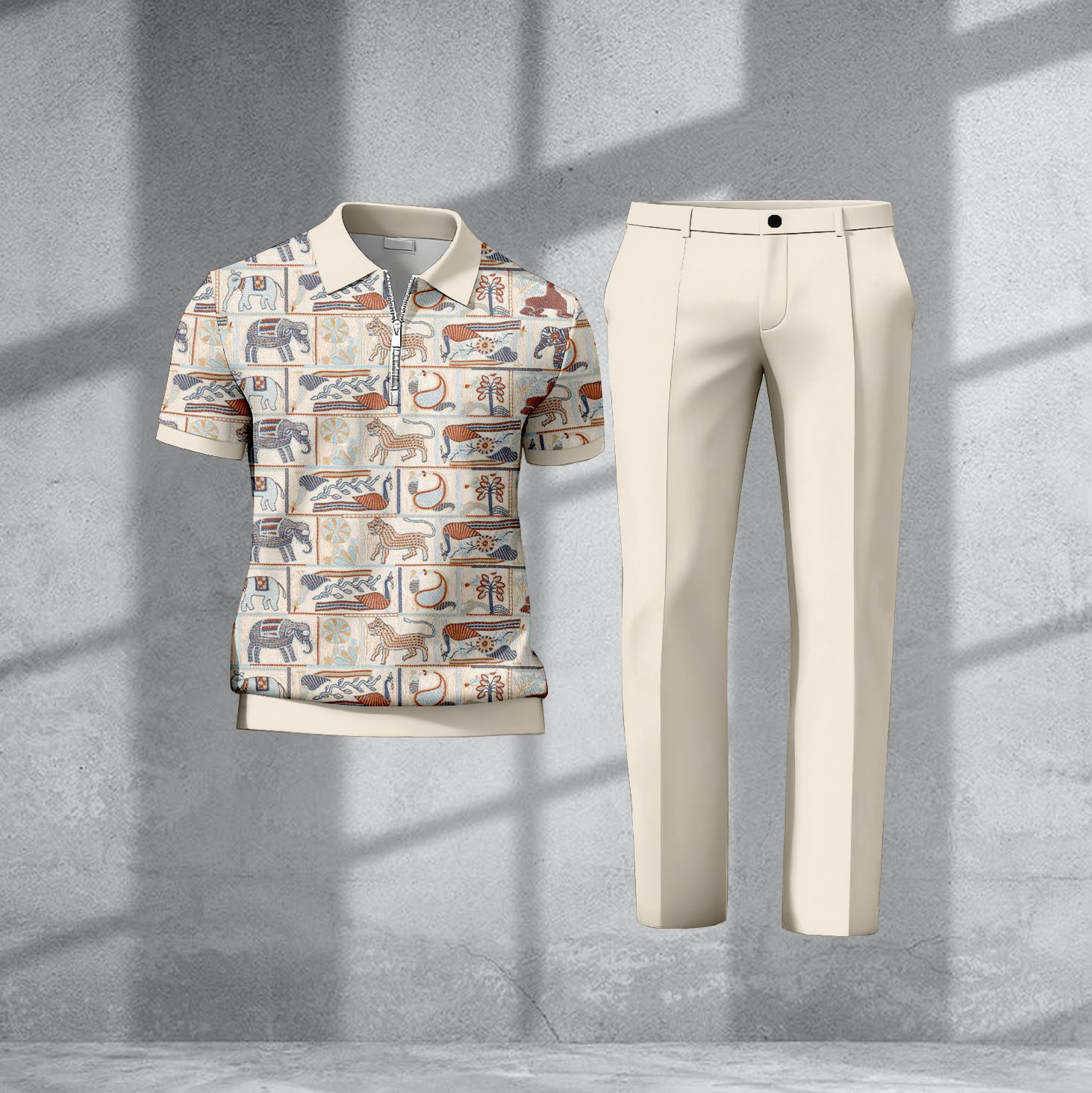 Conjunto de dos piezas casual Apricot-Colored Animals de manga corta Half-Zip camisa polo And Trousers para hombre