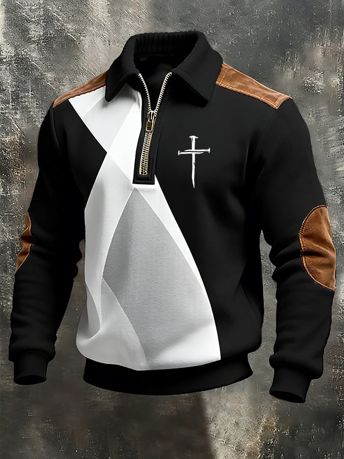Sudadera vintage Faith Cross Design estampado casual cierre para hombre