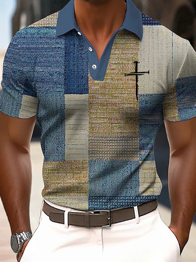 Casual Faith retro Texture Color Matching Polo para hombre