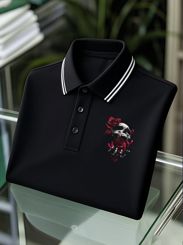 Camisa polo clásico ejecutivo Skull Logo Button de manga corta para hombre
