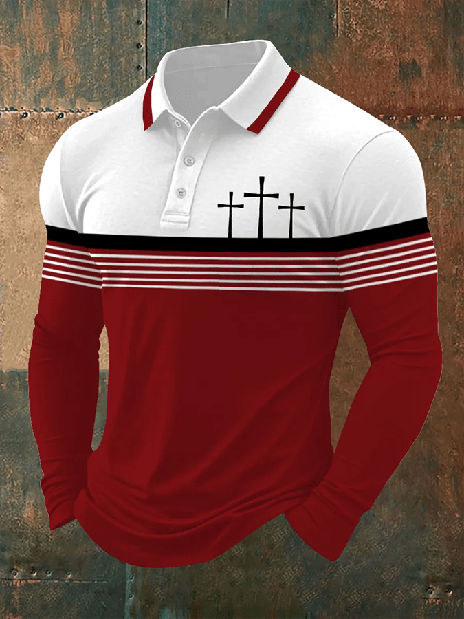 Camisa polo retro Faith casual estampado de manga larga para hombre
