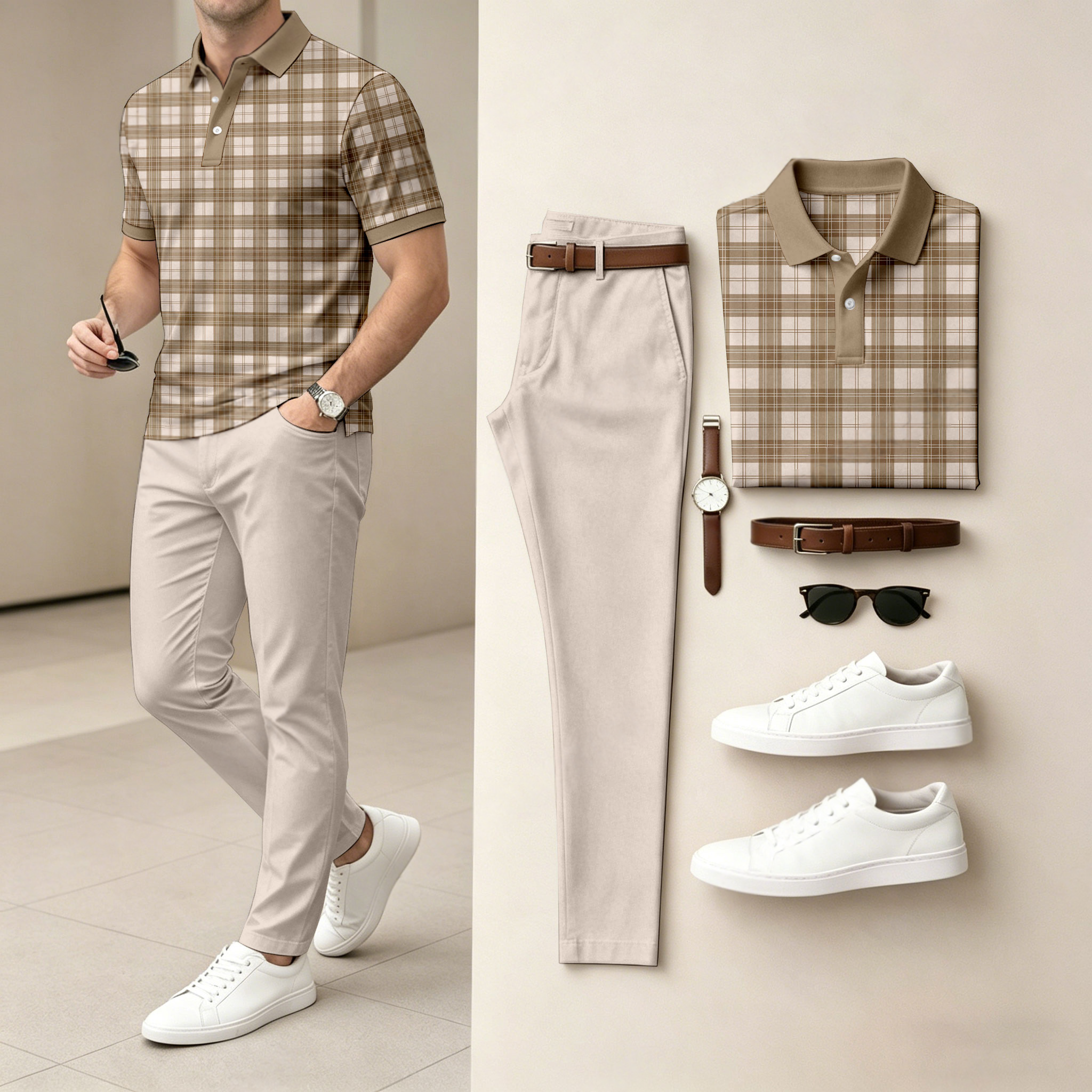 Camisa polo casual Checkered estampado de manga corta And pantalón Set (Excludes Accessories Such As Watches And Belts) para hombre