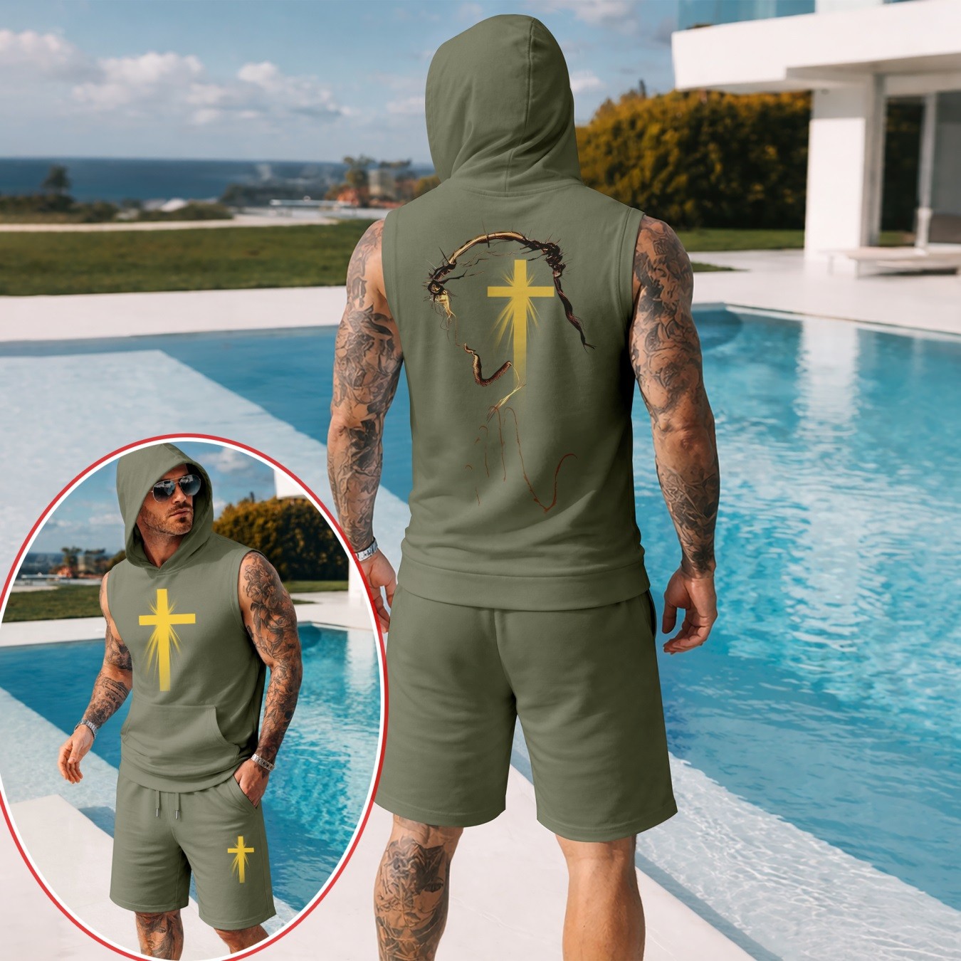 Conjunto de dos piezas Summer – Sleeveless sudadera con capucha & shorts, Faith & Prayer-Inspired Cross Design, casual Regular Fit Summer Outfit, Athletic Streetwear, Lightweight Summer Tracksuit para hombre