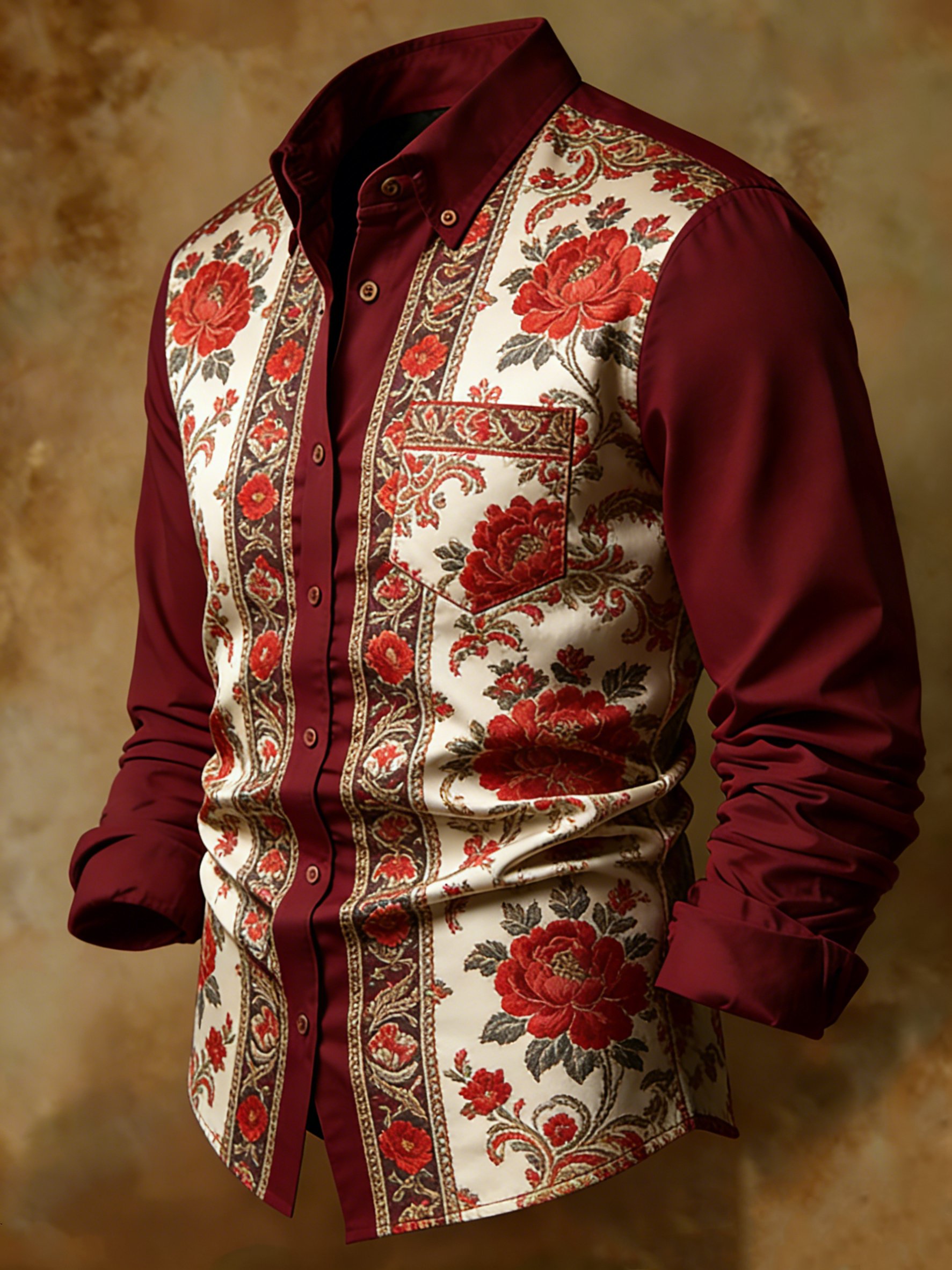 Camisa Burgundy floral Gold Border estampado ejecutivo
