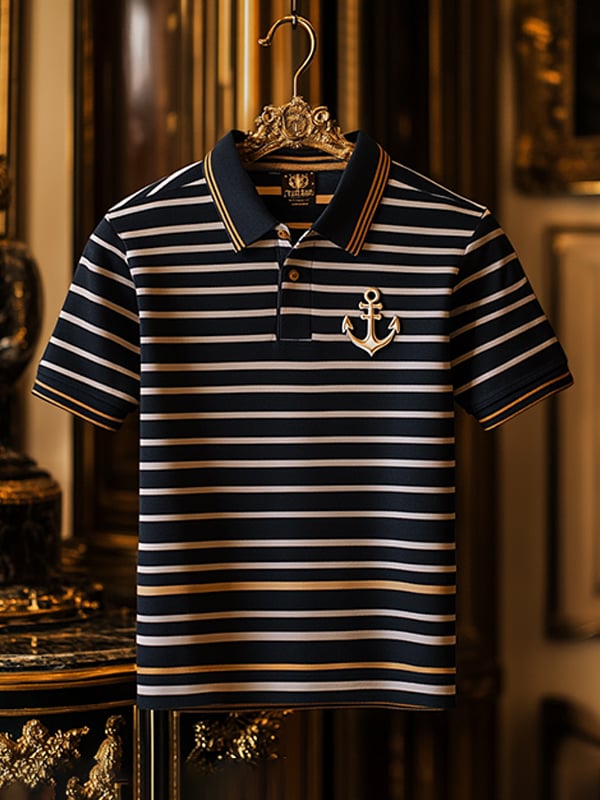 Camisa polo ejecutivo rayas Logo con botones de manga corta para hombre
