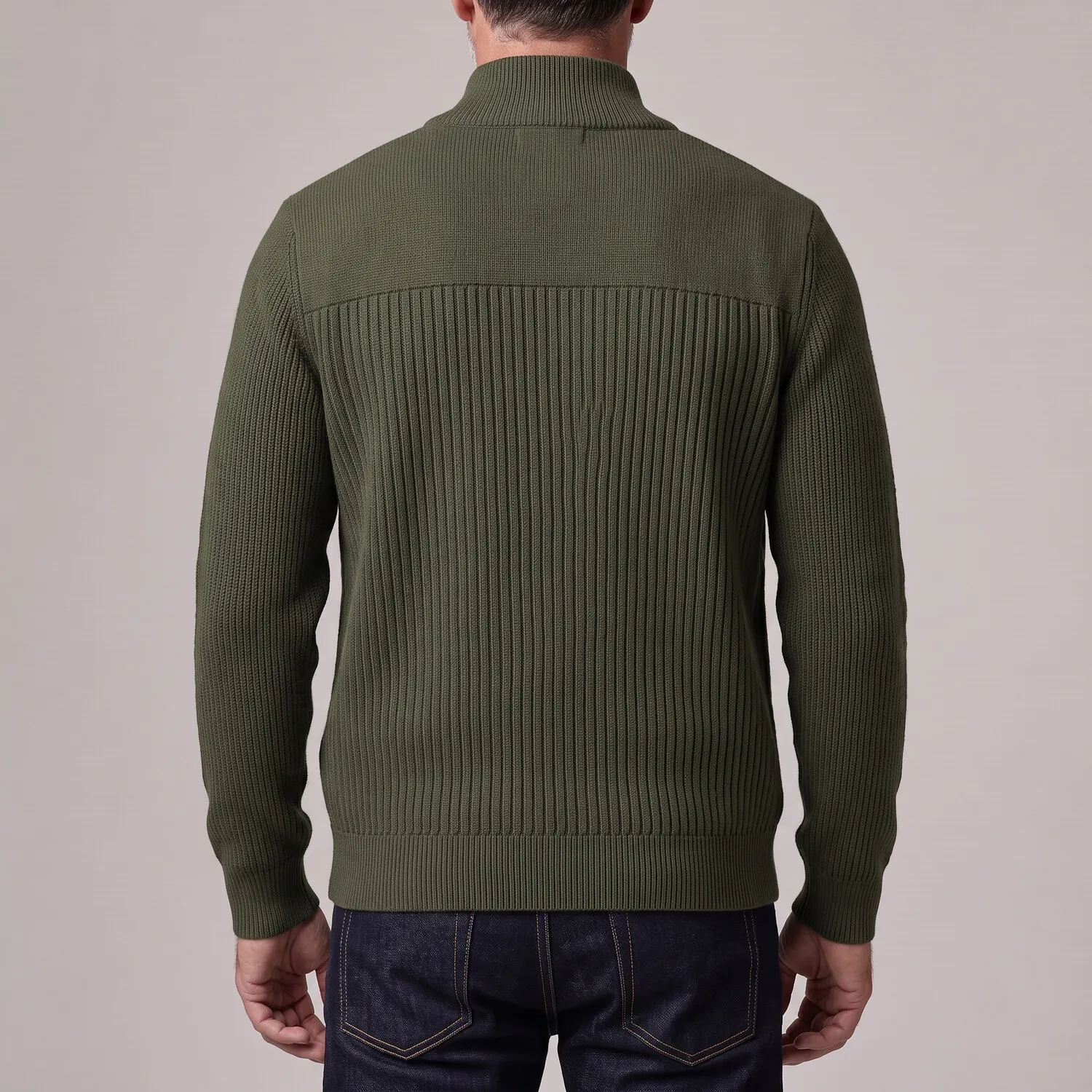 para hombre Army Green Stand Collar Ribbed tejidoted Full-Zip Cardigan