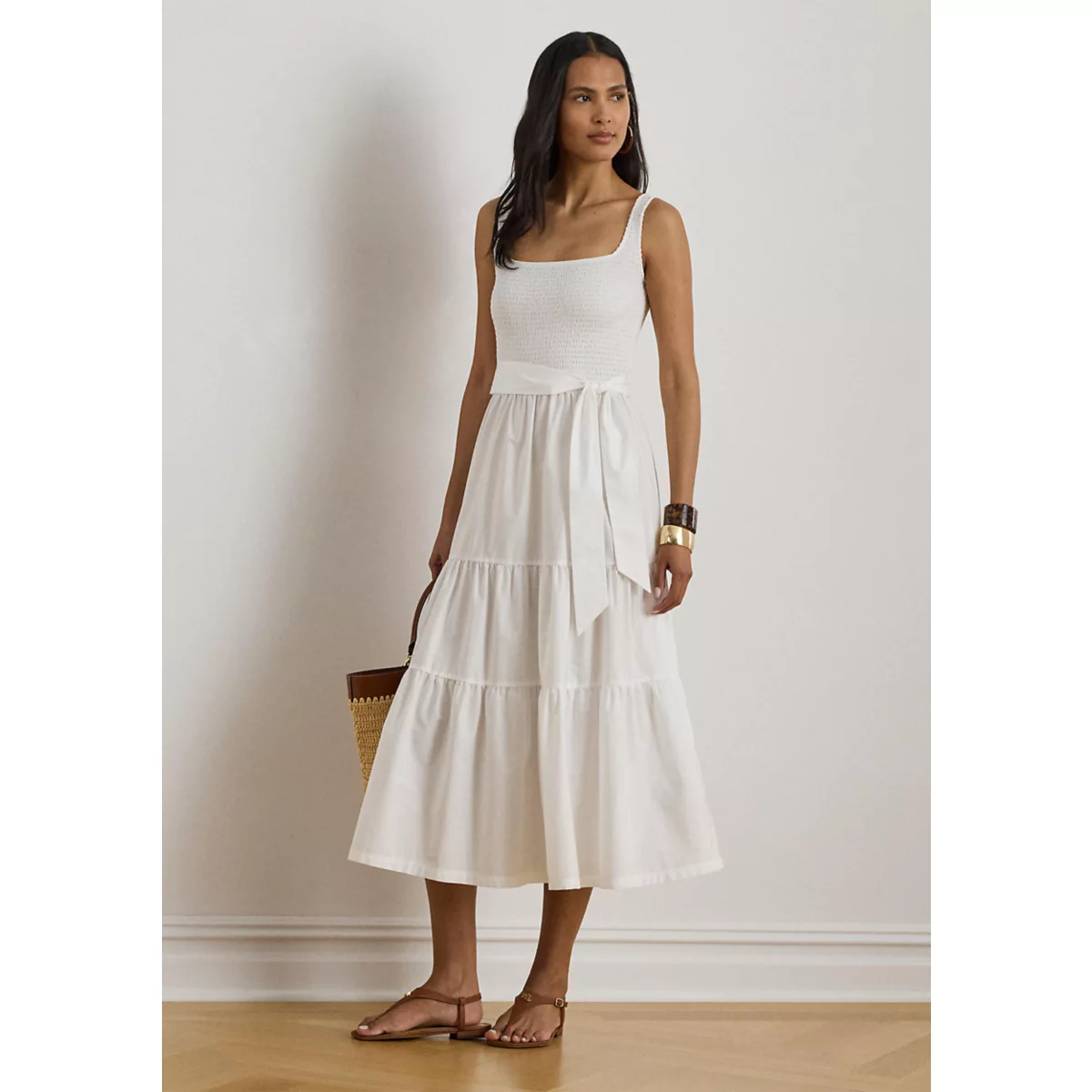 Belted Jersey & Broadcloth Tiered Dress - 1
