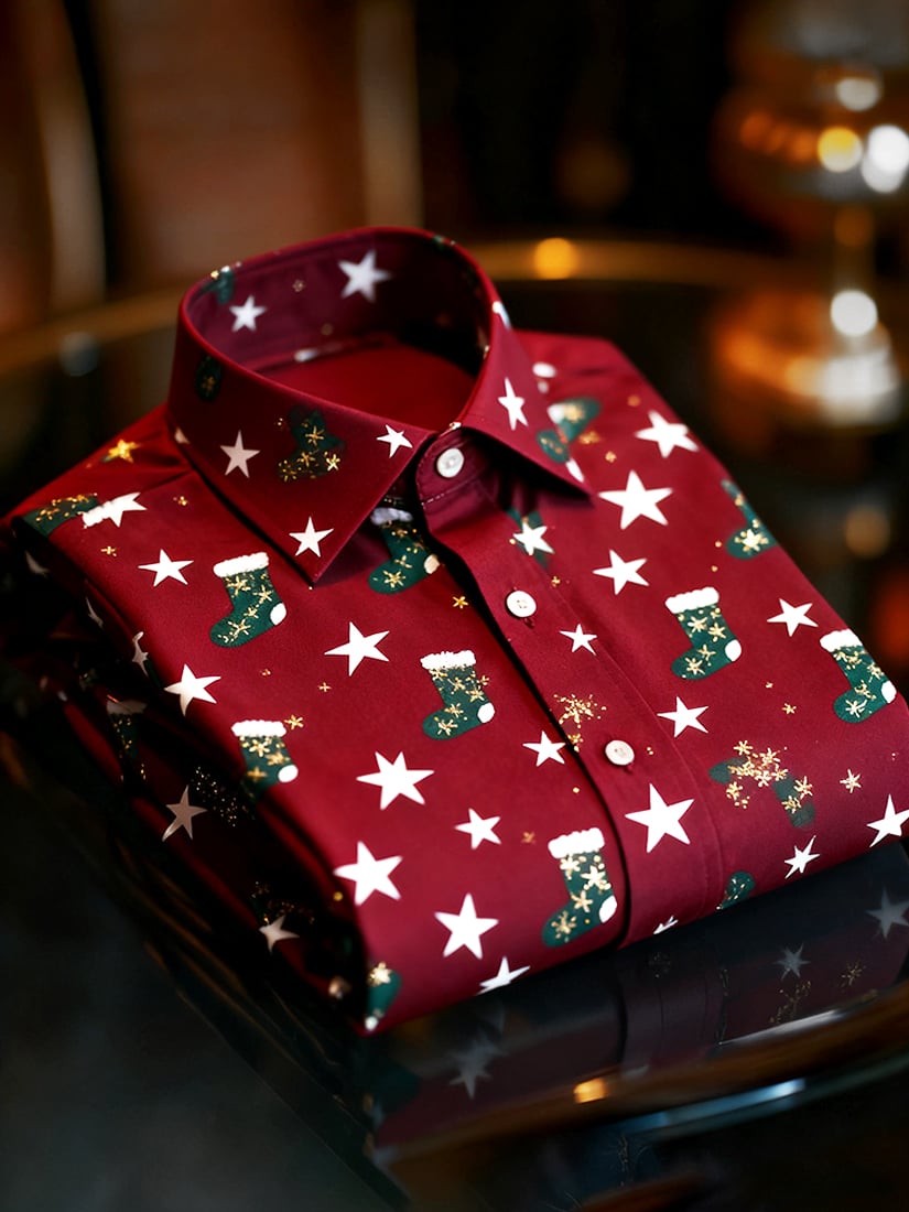 Camisa Christmas de manga larga con botones para hombre