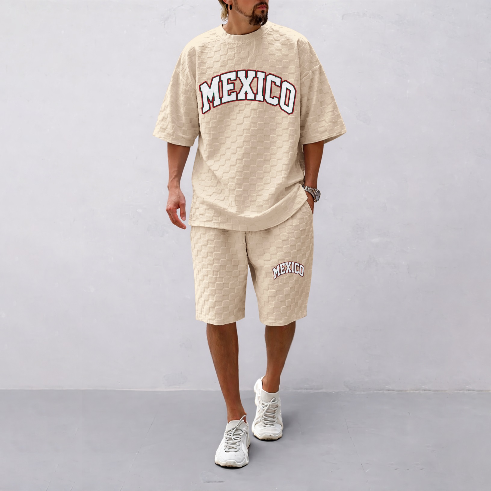 Camisa Spring/Summer Mexican-estampado a cuadros Drawstring shorts Set—A casual summer outfit featuring a de manga corta and shorts, ideal for both everyday wear and athletic activities para hombre