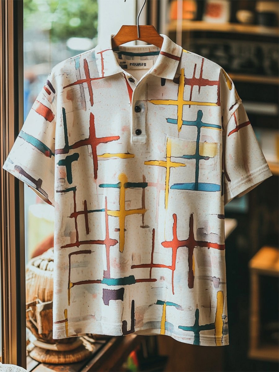 Camisa polo vintage casual Cross Art Button de manga corta para hombre