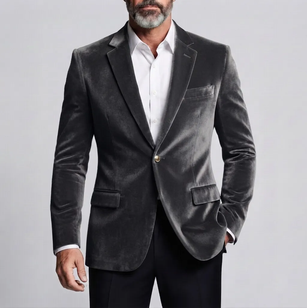 Saco formal de color sólido Velvet Notch Lapel One Button de corte entallado para hombre