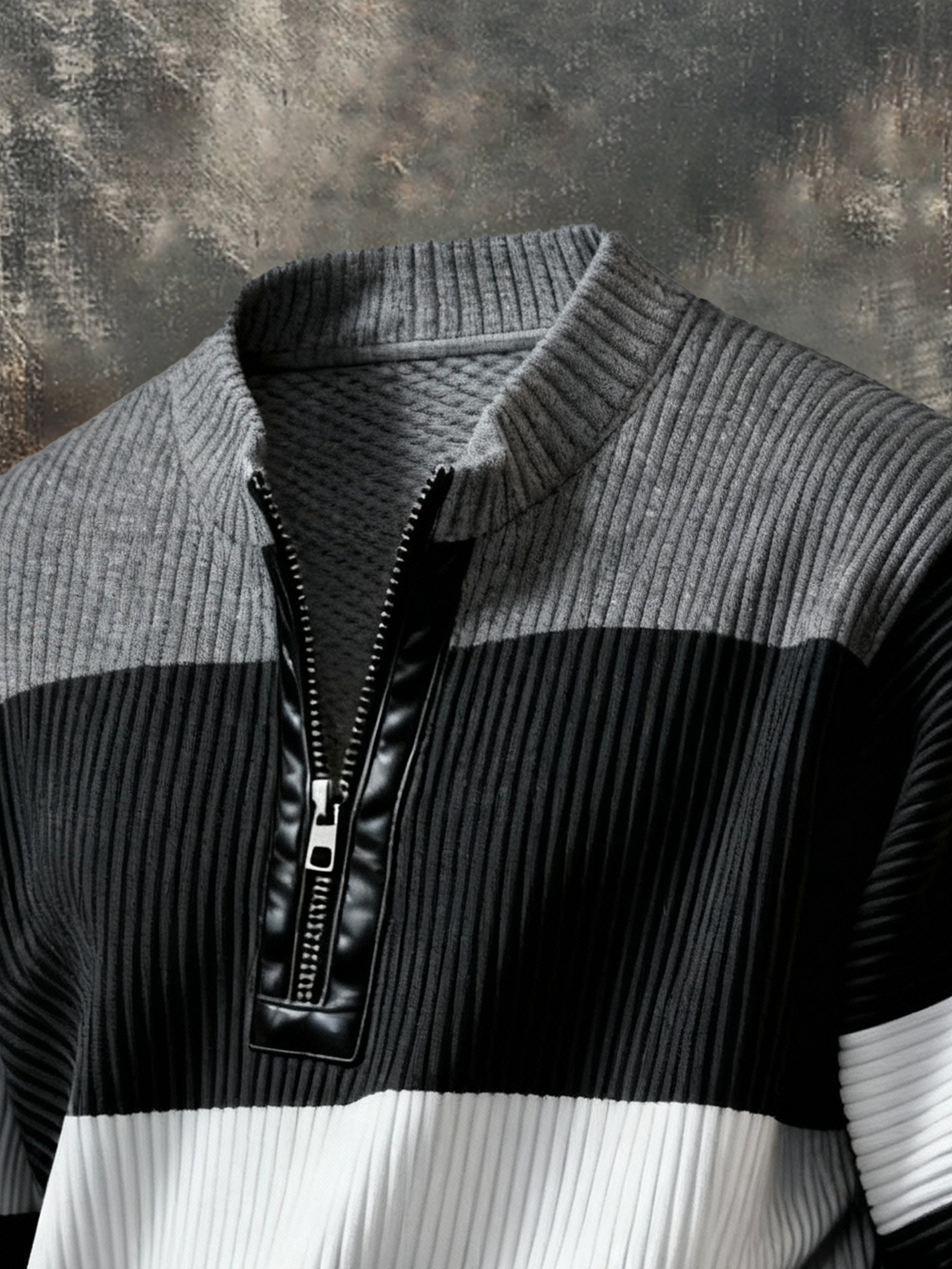 Sudadera casual retro Contrast Color Half Zip Stand cuello de manga larga para hombre