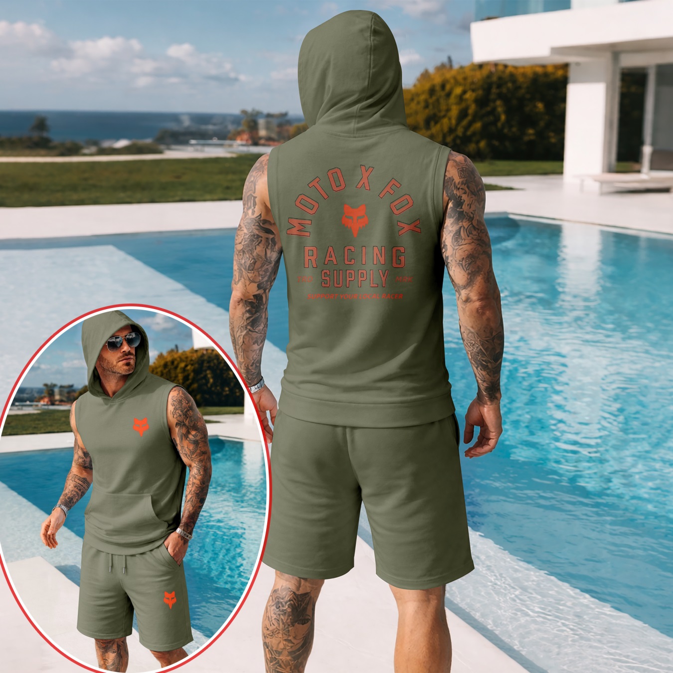 Conjunto de dos piezas : retro-estampado Hooded Vest & shorts — Regular Fit, casual Sporty Style, Sleeveless Top & shorts; Summer Apparel para hombre