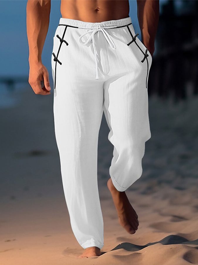 Pantalón retro de color sólido Design Elastic Waist Lace-Up casual para hombre
