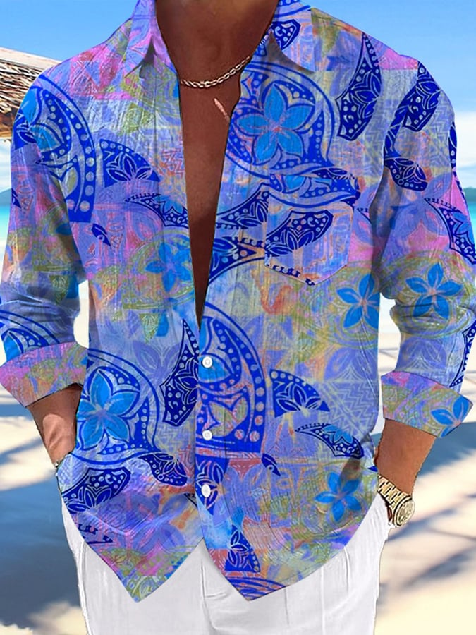 Camisa casual Hawaiian Turtle estampado Lapel para hombre