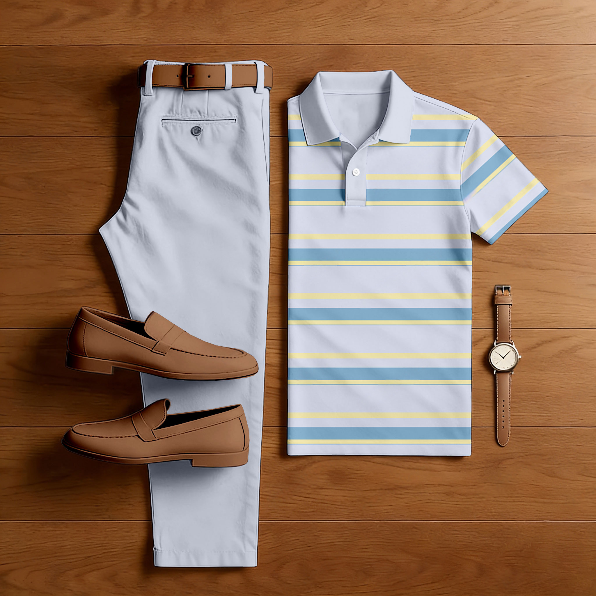 Conjunto de dos piezas casual Light Gray rayas estampado camisa polo And pantalón para hombre