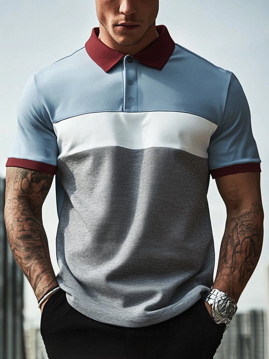 Camisa polo ejecutivo rayas Logo con botones de manga corta para hombre