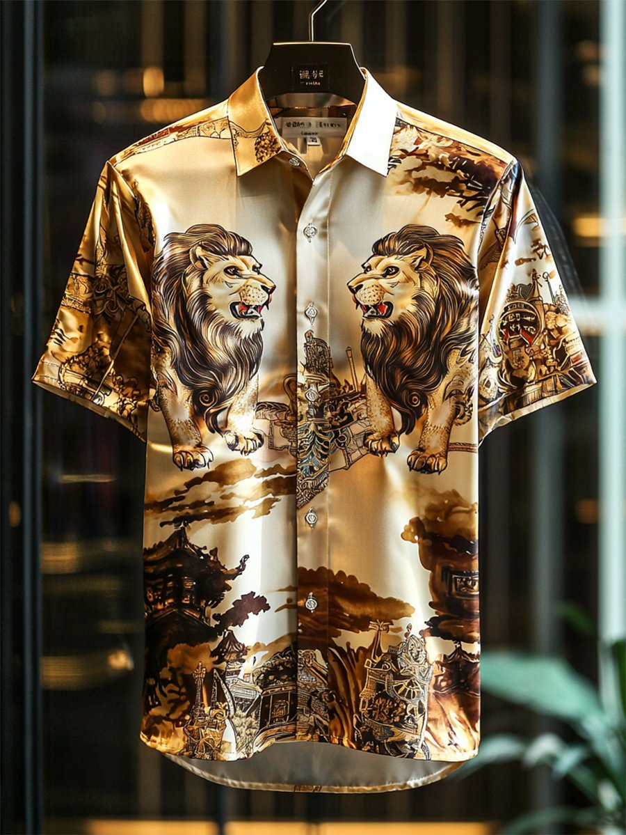 Camisa satén Luxe Lion estampado de manga corta Button para hombre