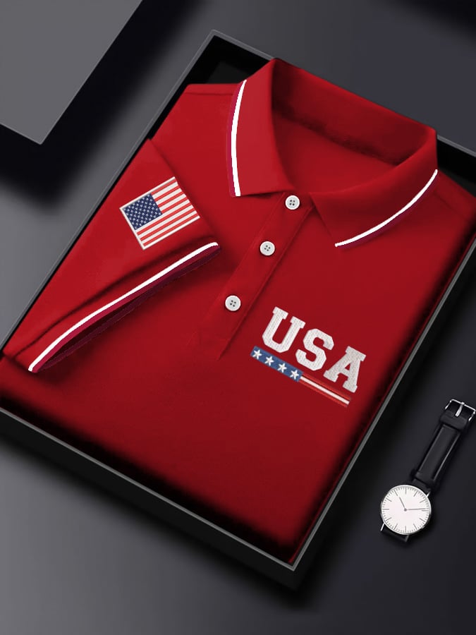 Camisa polo Independence Day Flag estampado casual para hombre