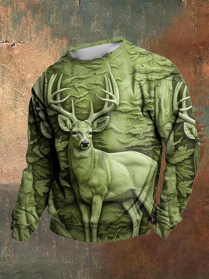 Sudadera retro Western 3D Deer diseño estampado cuello redondo para hombre